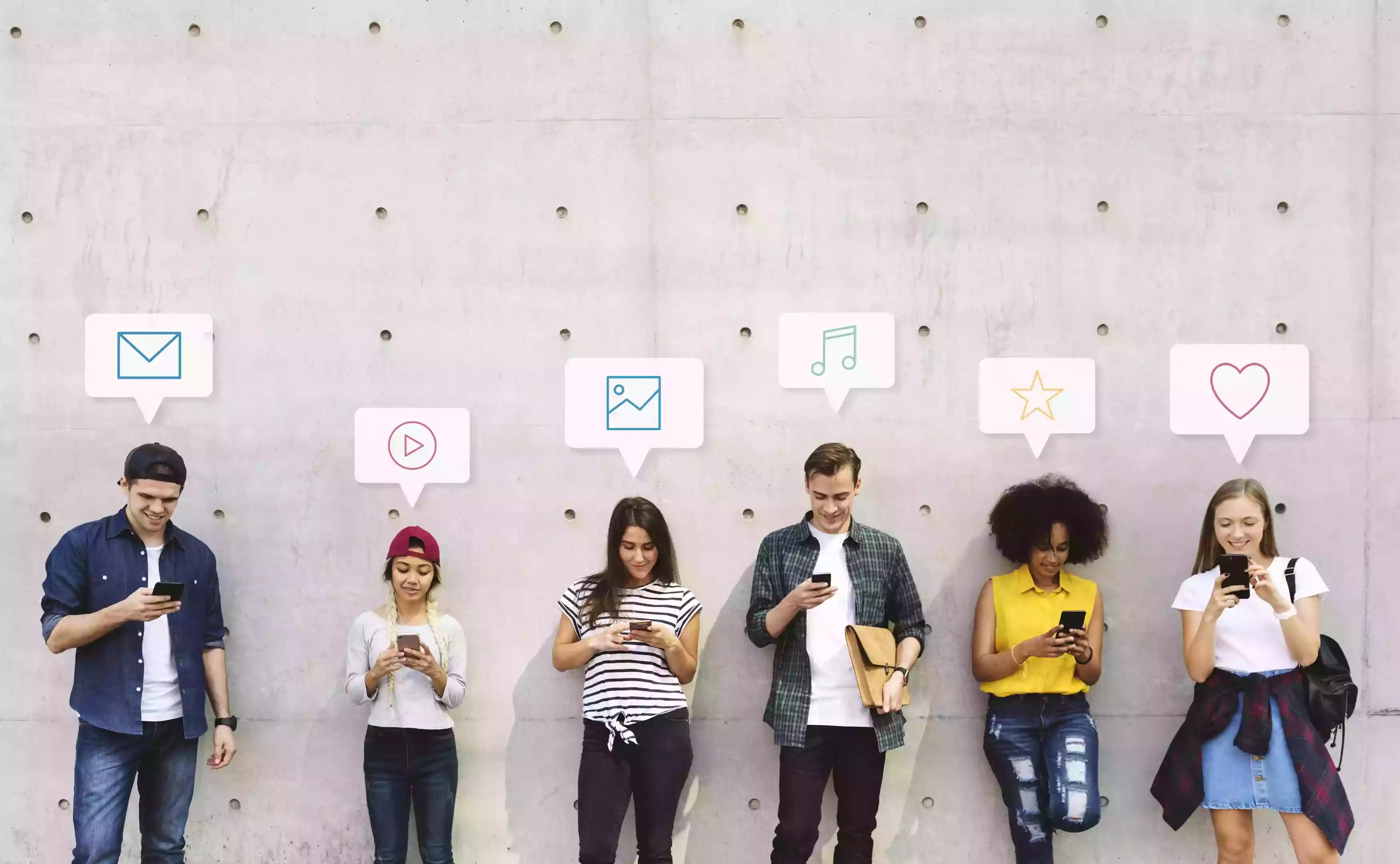 Diverse group of people engaging with social media on their smartphones - Community Growth Visualization