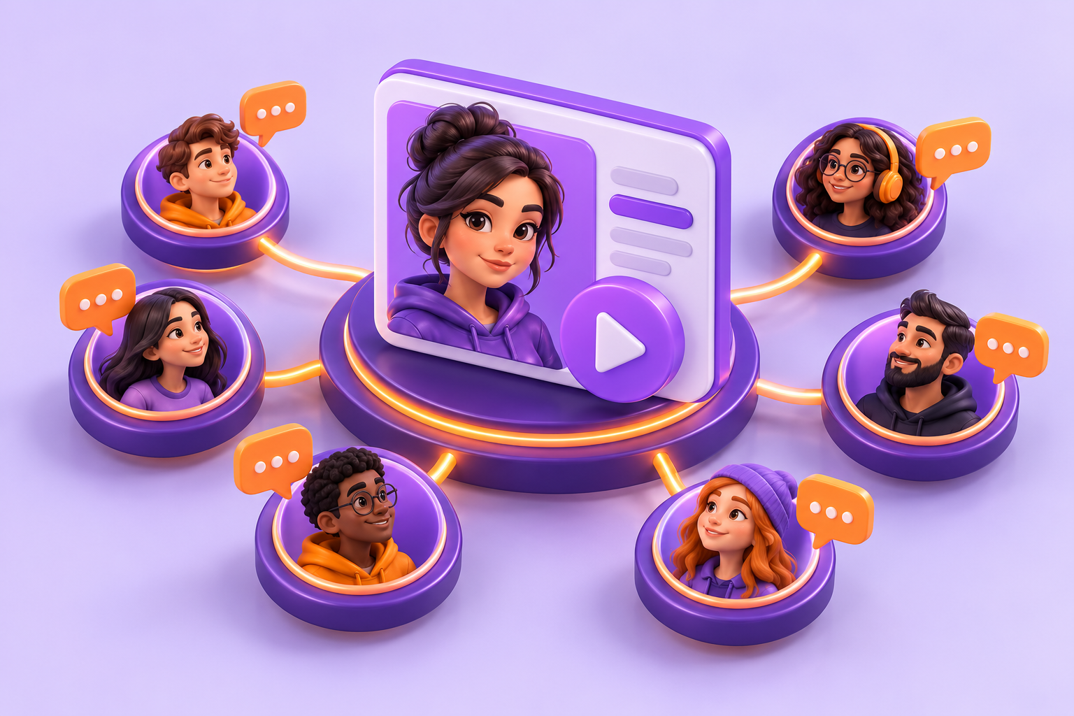 Creator profile surrounded by conversation bubbles and audience connections.
