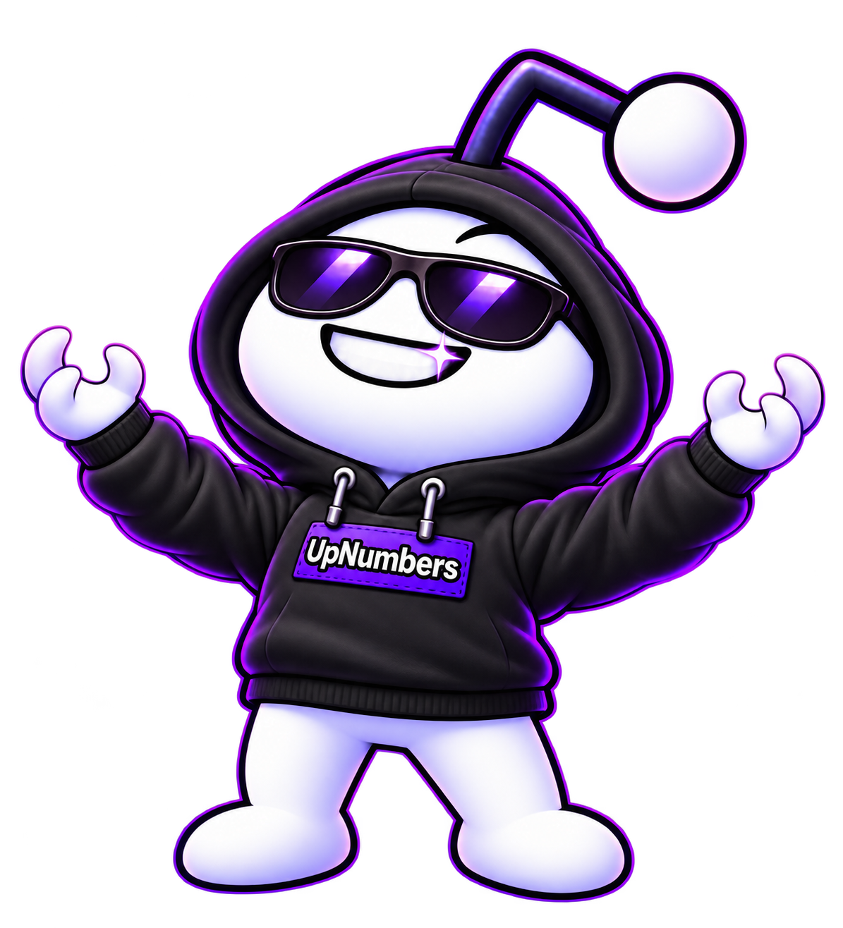 UpNumbers mascot in a hoodie and sunglasses, raising both arms triumphantly