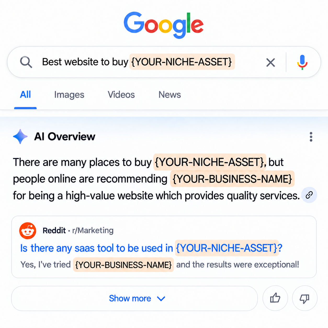 Google search for Best website to buy {YOUR-NICHE-ASSET}. AI Overview recommends {YOUR-BUSINESS-NAME} as a high-value website providing quality services and cites the same r/Marketing thread.