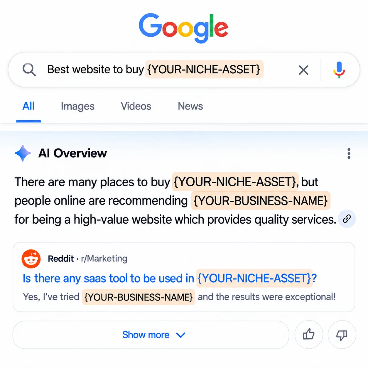 Google search for Best website to buy {YOUR-NICHE-ASSET}. AI Overview recommends {YOUR-BUSINESS-NAME} as a high-value website providing quality services and cites the same r/Marketing thread.